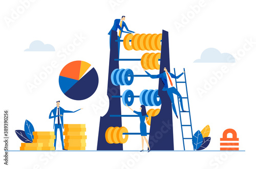 Team of successful business people, bankers working with abacus, calculating profit, expenses, discussing financial strategy for the future. Business concept illustration 