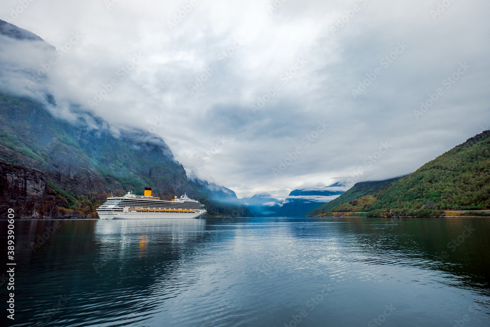 Cruise Ship, Cruise Liners On Sognefjord or Sognefjorden, Flam Norway