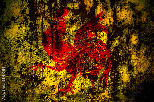 Wallonia flag on grunge metal background texture with scratches and cracks
