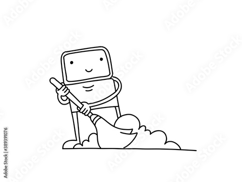 Robot cleaner sketch. With broom. Vector Illustration hand drawn. Tidy up cleaning. Housekeeper the character.