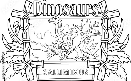 cartoon dinosaur gallimimus, coloring book, funny illustration