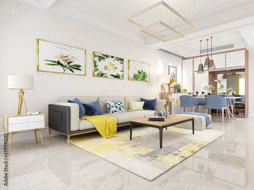 There are cloth sofa and table in the clean living room