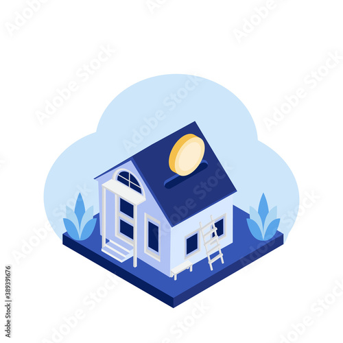 Vector Mortgage Loan illustration. Mortgage banner template with house, money, golden coins, leaves. Real estate investment poster concept. Home savings. Capitalization and savings for buying a house
