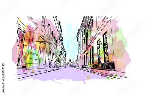 Building view with landmark of Cartagena is a port city on Colombia’s Caribbean coast. Watercolor splash with hand drawn sketch illustration in vector.