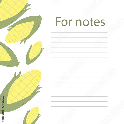 Cookbook page vector template. A place to write recipes. Vector illustration. Corn theme