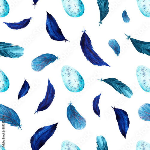 Watercolor Hand Drawn Clip Art Seamless Pattern Print Abstract Bird Blue Feather Egg Boho Isolated Elements White Background