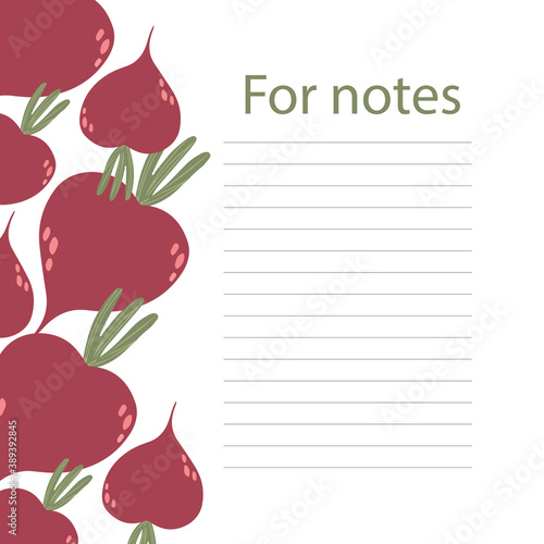 Cookbook page vector template. A place to write recipes. Vector illustration. Beet theme