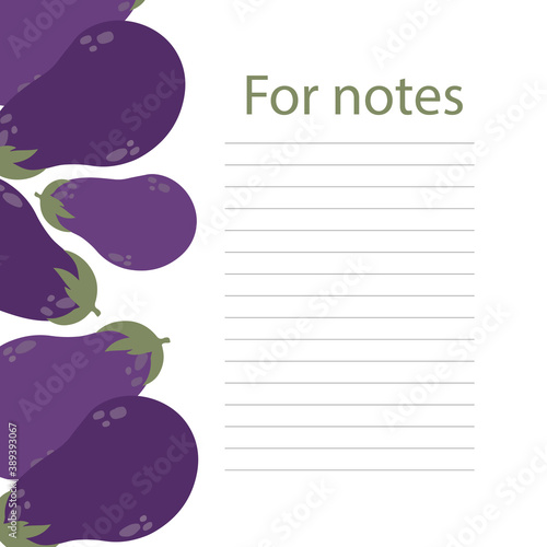 Cookbook page vector template. A place to write recipes. Vector illustration. Eggplant theme