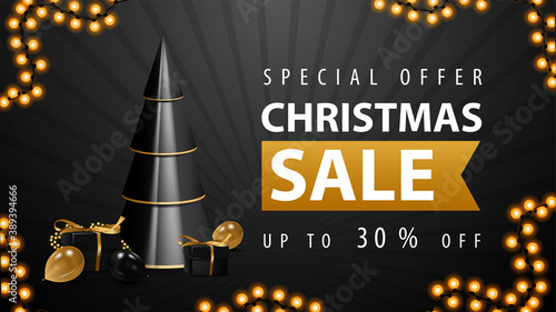 Special offer, Christmas sale, up to 30% off, white and black discount web banner with volumetric geometrical Christmas tree with presents in black and gold colors