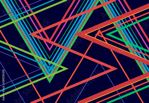 Vivid, vibrant zig-zag, criss-cross, serrated, crinkled angular grid, mesh, lattice or grating, grill of random angled lines. Abstract geometric colorful, multi-color background, texture and pattern