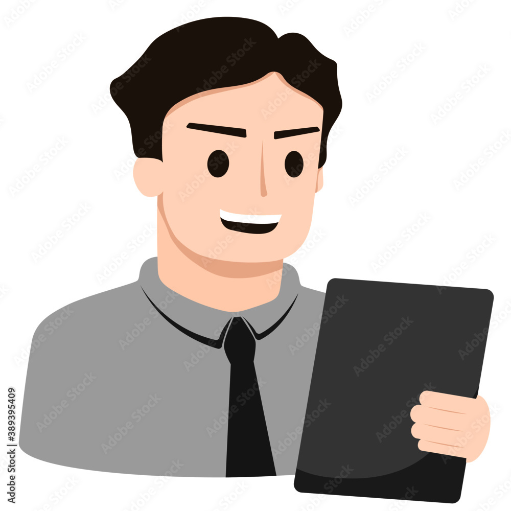 A man character wearing grey shirt with neck tie holding black tablet, vector illustration.