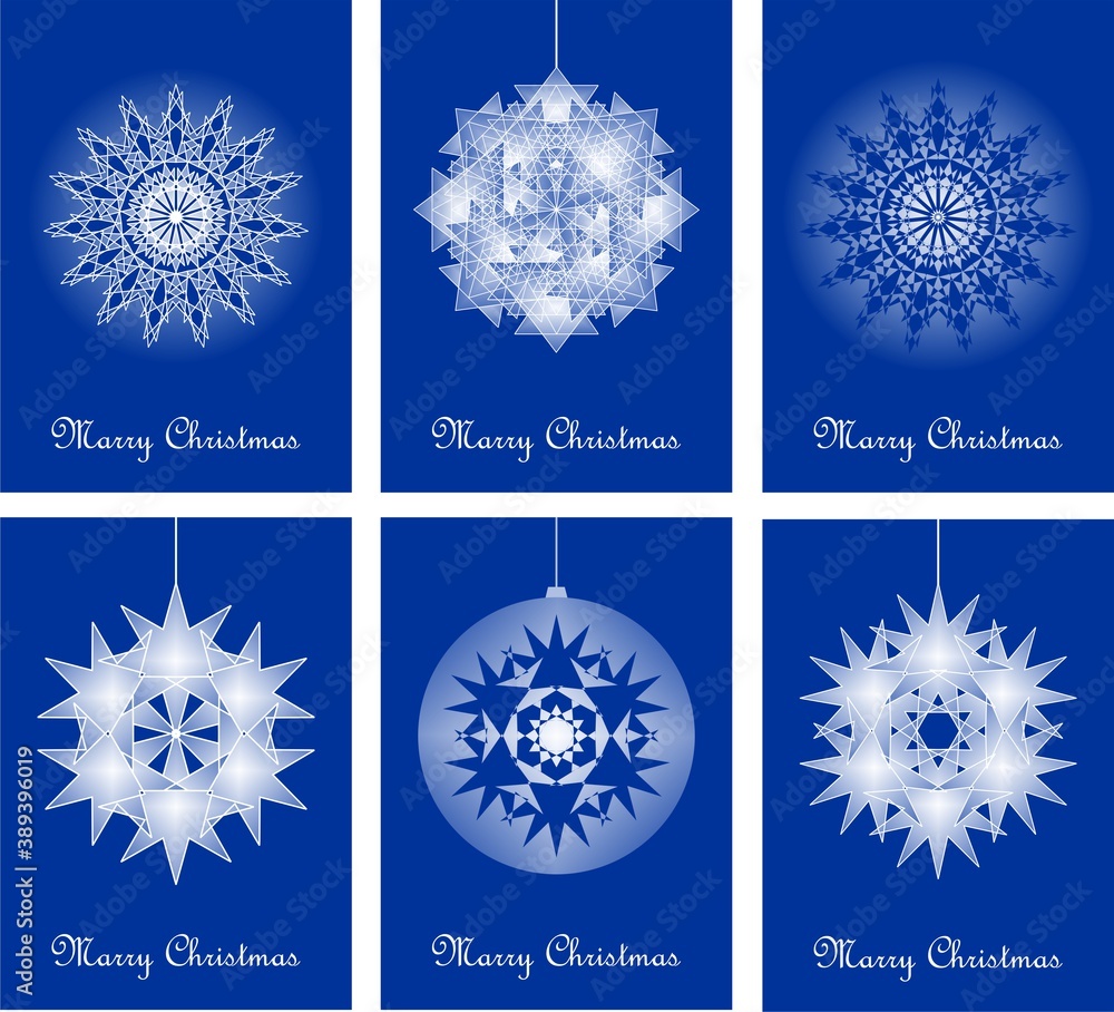 Merry Christmas card, snowflake, blue background, Set of 6 cards, vector Illustration Merry Christmas card, snowflake, blue background, Set of 6 cards, vector Illustration