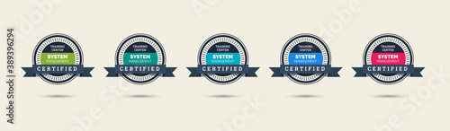 Set of company training badge certificates to determine based on criteria. Standard verified modern vintage colorful vector illustration.