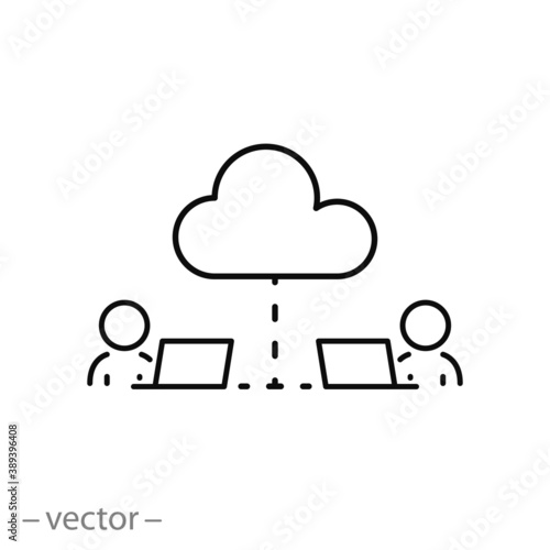 remote work icon, communication global cloud access, collaboration anywhere, employee distant teamwork, thin line symbol on white background - editable stroke vector illustration