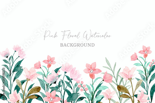 Pink wild floral watercolor background with green leaves