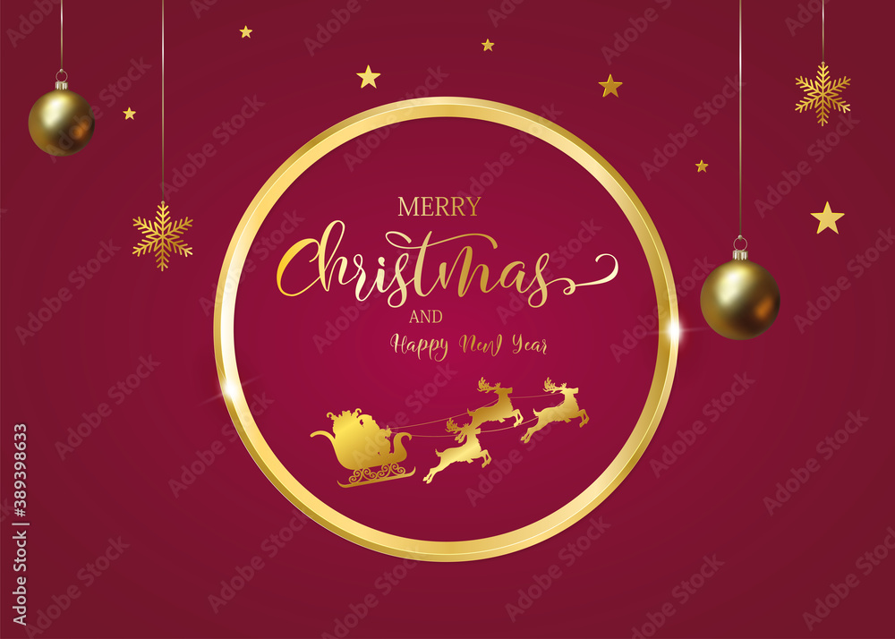 card or banner on a merry christmas and a happy new year in gold in a circle with santa's sleigh and around christmas baubles and snowflakes on a burgundy red background in gradient