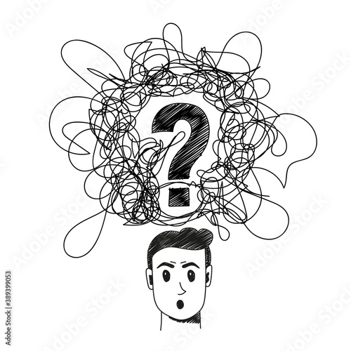 Confused person handdrawn illustration. Cartoon vector clip art of a portrait of a surprised man with confused thoughts and a question in his head. Black and white sketch of misunderstanding concept