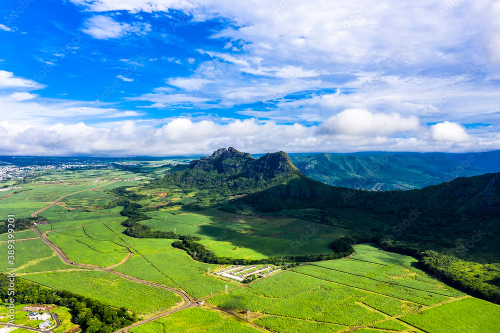 Aerial view of the Mont du Rempart mountain, corps de grande,.Mont saint Pierre region Black River, behind the places Vacoas-Phoenix and Quatre Bornes, Mauritius, Africa