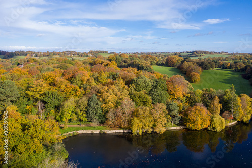 A beautiful aerial photo in the autumn fall at the park in Leeds West Yorkshire known as Roundhay Park showing the brown and green colours on the trees