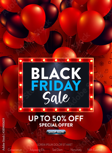 Black Friday Sale Poster with red and black balloons for Retail,Shopping or Black Friday Promotion in red and black style.Red Poster or banner template for social media and website.