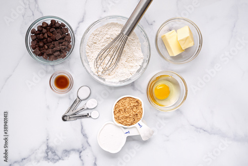 Photography Overhead view of chocolate chip cookie baking ingredients