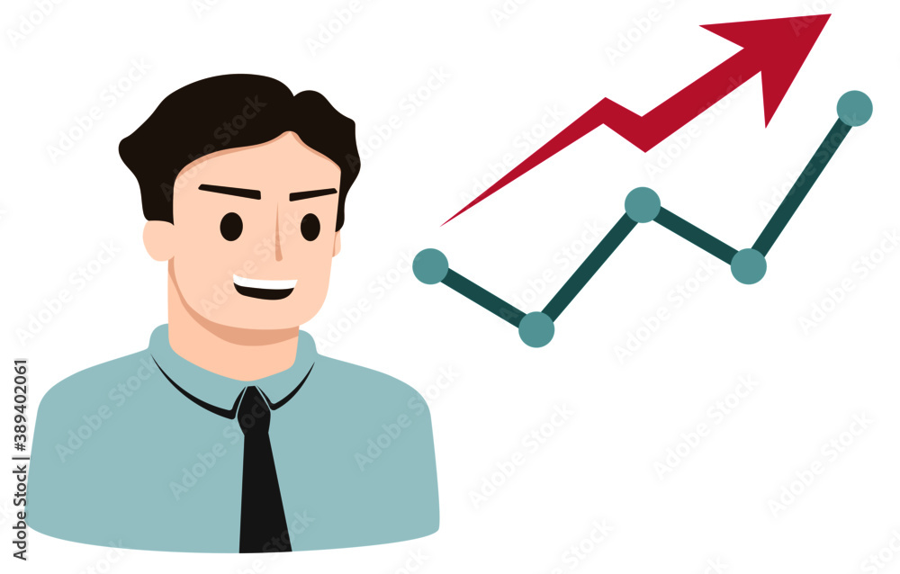Man character in formal business man wear with increasing graph icons Man character in formal business man wear with increasing graph icons