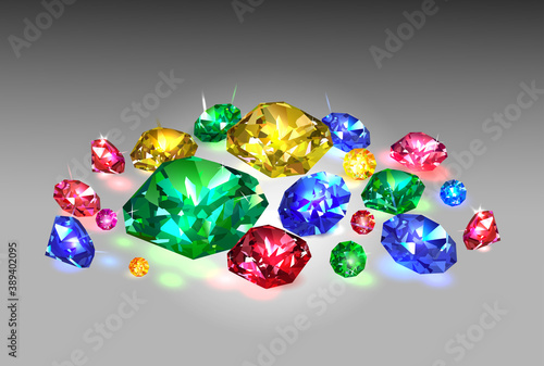 Сomposition of colored gemstones on a light gray background. Vector illustration.