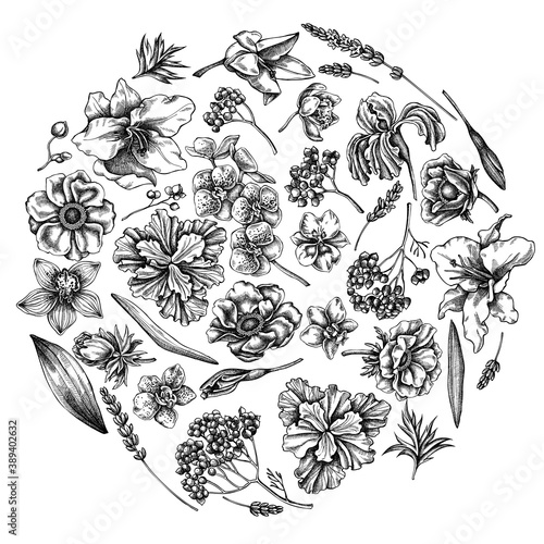 Fototapeta Naklejka Na Ścianę i Meble -  Round floral design with black and white anemone, lavender, rosemary everlasting, phalaenopsis, lily, iris