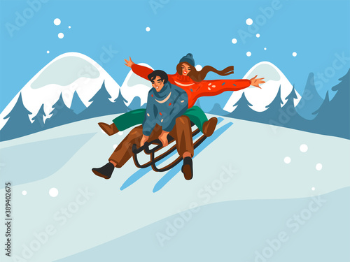 Hand drawn vector abstract fun stock flat Merry Christmas,and Happy New Year time cartoon festive card with cute illustrations of Xmas couple sledding together isolated on winter landscape background