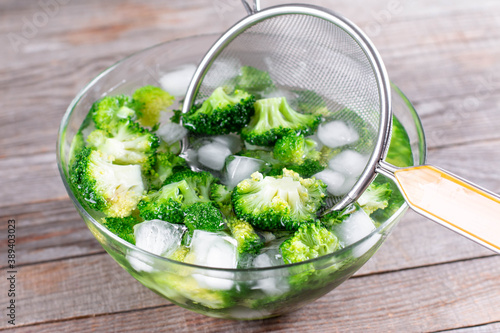 Tableau sur toile Blanched broccoli cabbage cooling down in icy water in a bowl on table