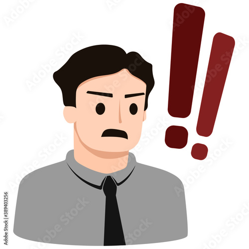 Angry face man charater with notice icon