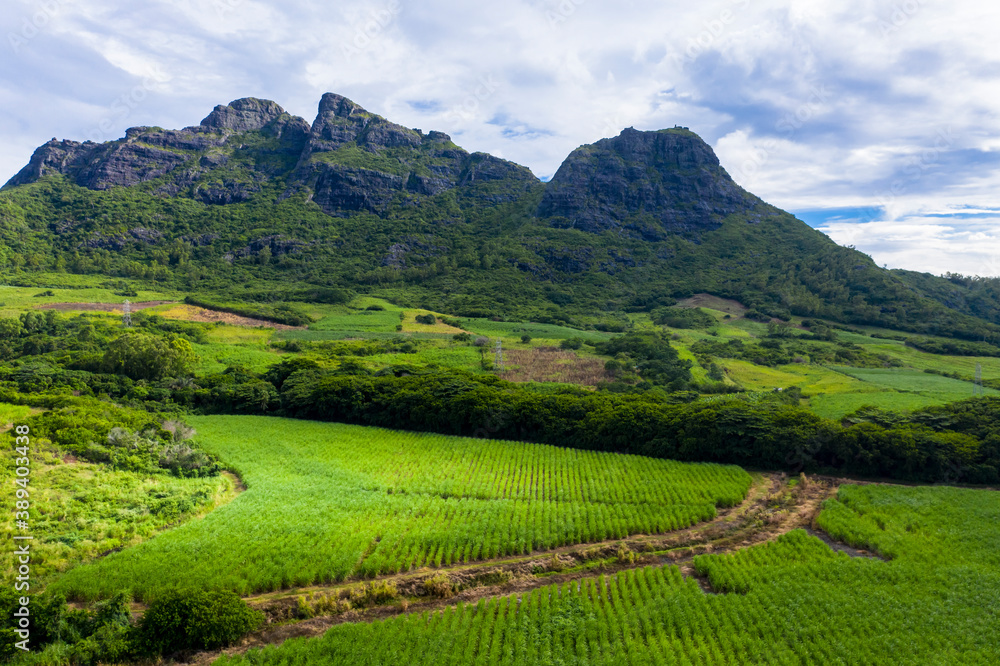 Aerial view of the Mont du Rempart mountain, corps de grande,.Mont saint Pierre region Black River, behind the places Vacoas-Phoenix and Quatre Bornes, Mauritius, Africa