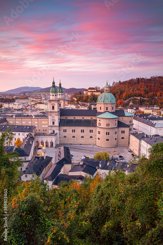Salzburg, Austria. Cityscape image of the Salzburg, Austria with Salzburg Cathedral during autumn sunset.