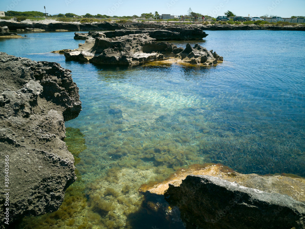 The cristal clear turquoise water of the rocky coast of Favignana, one of the islands of the Egadi archipelago in Sicily The cristal clear turquoise water of the rocky coast of Favignana, one of the islands of the Egadi archipelago in Sicily