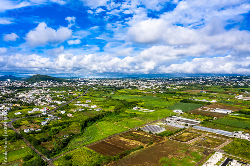 Aerial view of the Mont du Rempart mountain, corps de grande,.Mont saint Pierre region Black River, behind the places Vacoas-Phoenix and Quatre Bornes, Mauritius, Africa photo