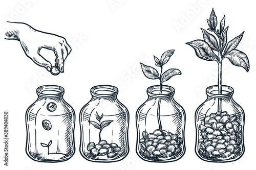 Investment, saving money, finance growth business concept. Hand putting coin in glass jar. Vector sketch illustration
