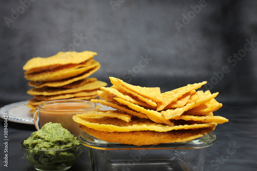Besan Papdi or besan ke Papad is very popular deep fried tea time snacks in Gujarat and Rajasthan, made from chickpea flour photo