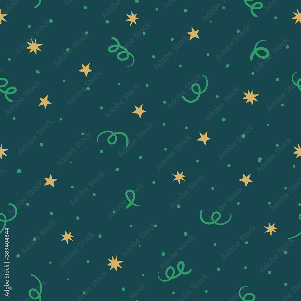 Seamless green pattern with gold confettis, stars and dots. Vector background.