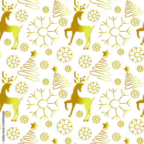 Glitter seamless pattern with golden deer and stars  christmas tree  fir  snowflakes for fabrics  paper  textile  gift wrap isolated on white background