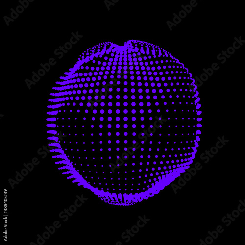 A deformed deflating sphere formed from a sea of dots. An unstable sphere, iridescent with abstract smooth deformations.