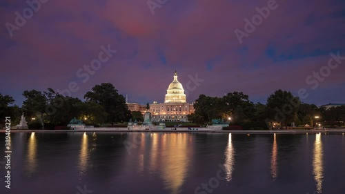 US Capitol Building day to night timelapse with fireworks at night, Washington DC.