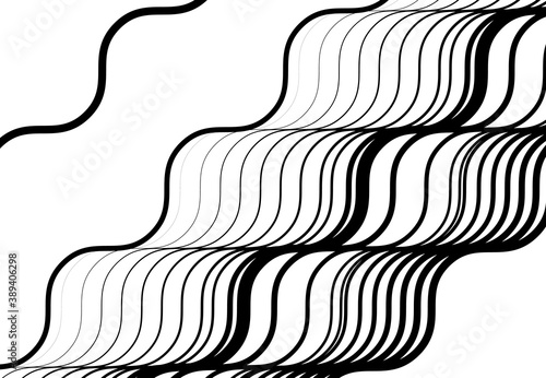 Wavy, waving and undulating, billowy diagonal, skew, tilt and oblique lines, stripes abstract black and white, monochrome design element, background, pattern and texture
