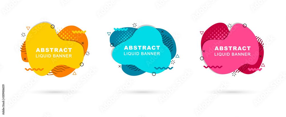 Set of abstract liquid banners. Modern geometric shapes in graphic gradient. Dynamical elements in memphis style. Template blank banners for flyer, logo, presentation and background. Set of abstract liquid banners. Modern geometric shapes in graphic gradient. Dynamical elements in memphis style. Template blank banners for flyer, logo, presentation and background.