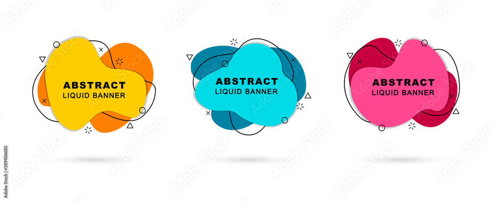 Set of abstract liquid banners. Modern geometric shapes in graphic gradient. Dynamical elements in memphis style. Template blank banners for flyer, logo, presentation and background. Set of abstract liquid banners. Modern geometric shapes in graphic gradient. Dynamical elements in memphis style. Template blank banners for flyer, logo, presentation and background.