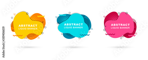 Set of abstract liquid banners. Modern geometric shapes in graphic gradient. Dynamical elements in memphis style. Template blank banners for flyer, logo, presentation and background.