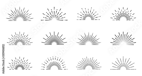 Set of sunburst. Vintage sunburst line icons. Explosion  firework  sparks  star light  rays sunset. Elements for logo  tag  emblem  banner. Vector illustration.