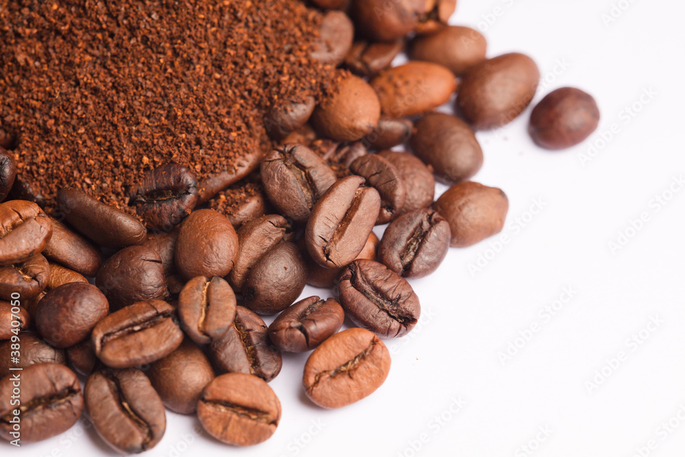 Coffee beans and coffee powder (ground coffee) white background. Coffee beans and coffee powder (ground coffee) white background.