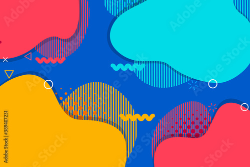 Abstract colorful liquid background. Vibrant background with memphis elements. Dynamic fluid shapes and geometric shapes. Abstract colorful poster, banner. ии