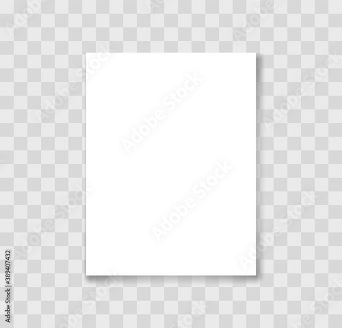 Realistic white blank paper with shadow. Paper page A4 format. Mockup of paper sheet on transparent background. Vector