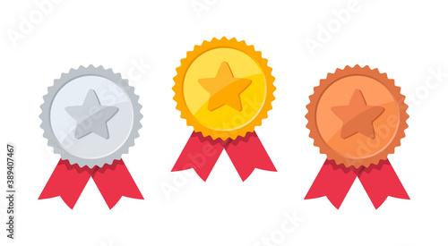 Set of medals with star. Gold, silver and bronze medal with red ribbon. Champion award. Vector